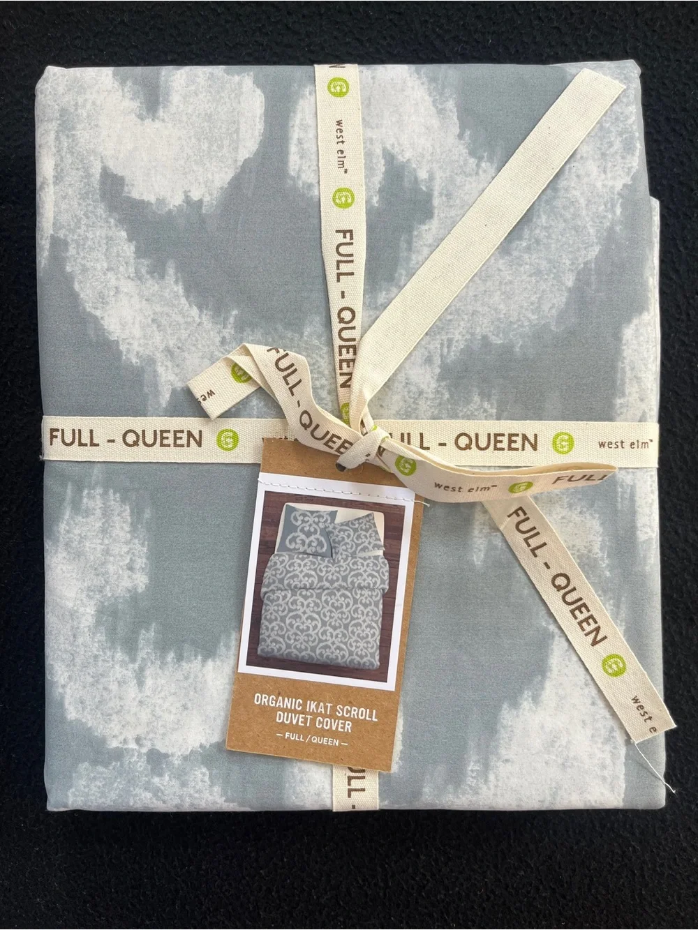 NEW West Elm Organic Ikat Scroll Duvet Cover Full Queen Gray White